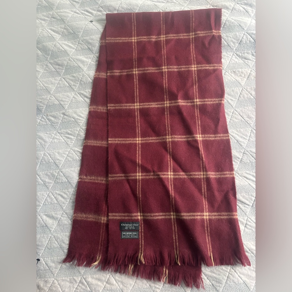 Vintage Dior Burgundy and Beige Plaid 100% Merino Wool Scarf